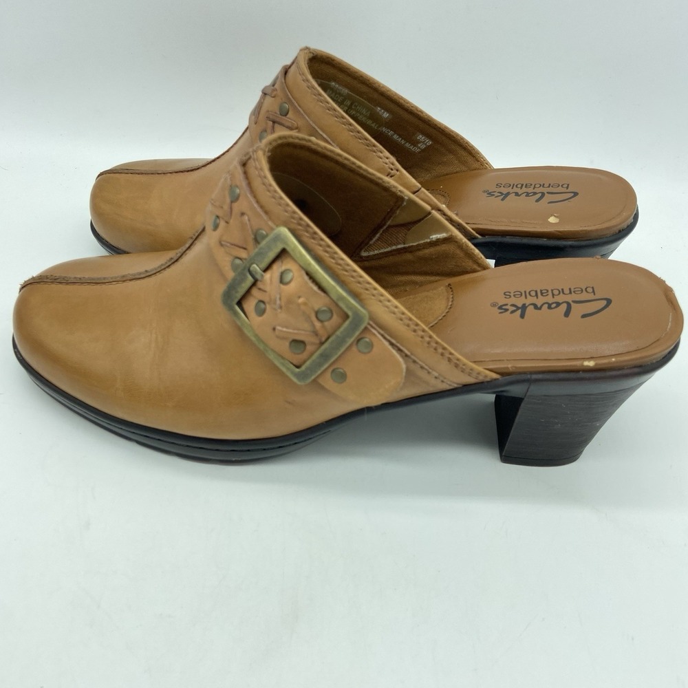 Clarks Bendables Clogs Shoes Women 7.5 Mule Brown Leather Slip On Casual Heels - Picture 7 of 16